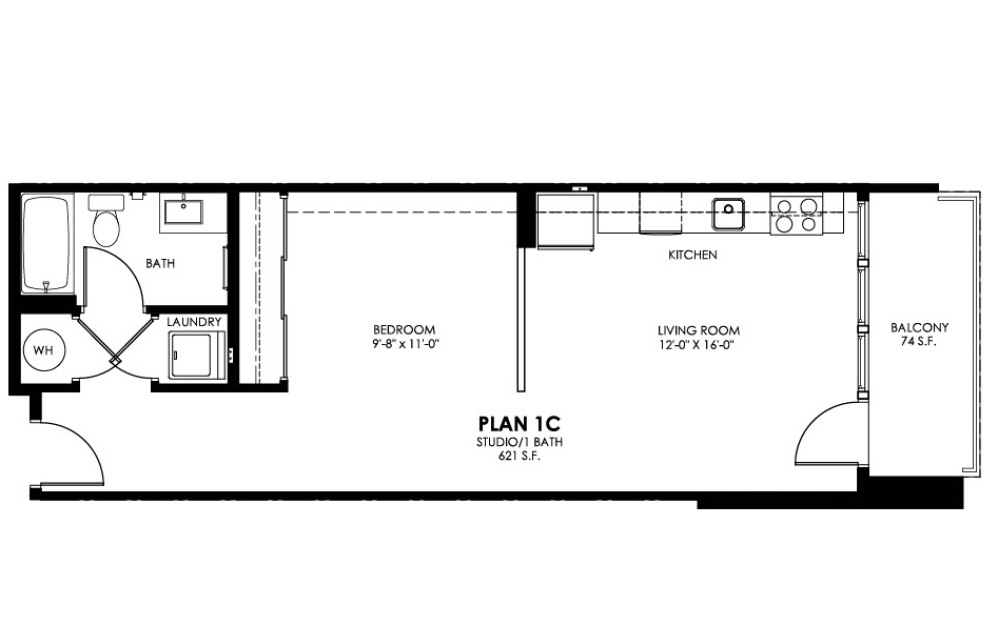 STUDIO - Studio floorplan layout with 1 bathroom and 565 - 775 square feet (2D)