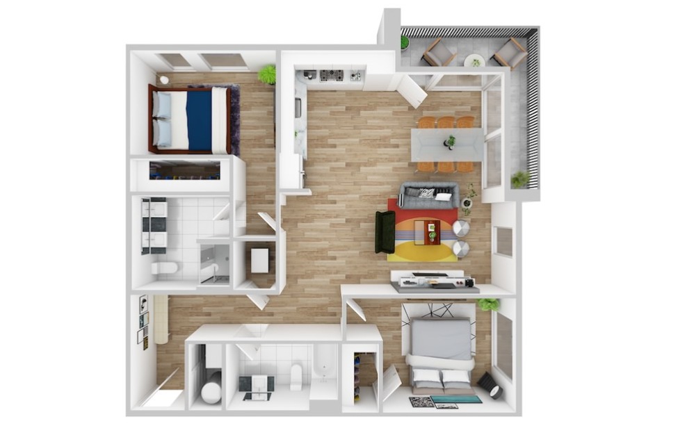 THREE-BEDROOM - 3 bedroom floorplan layout with 2 bathrooms and 1512 square feet (3D)