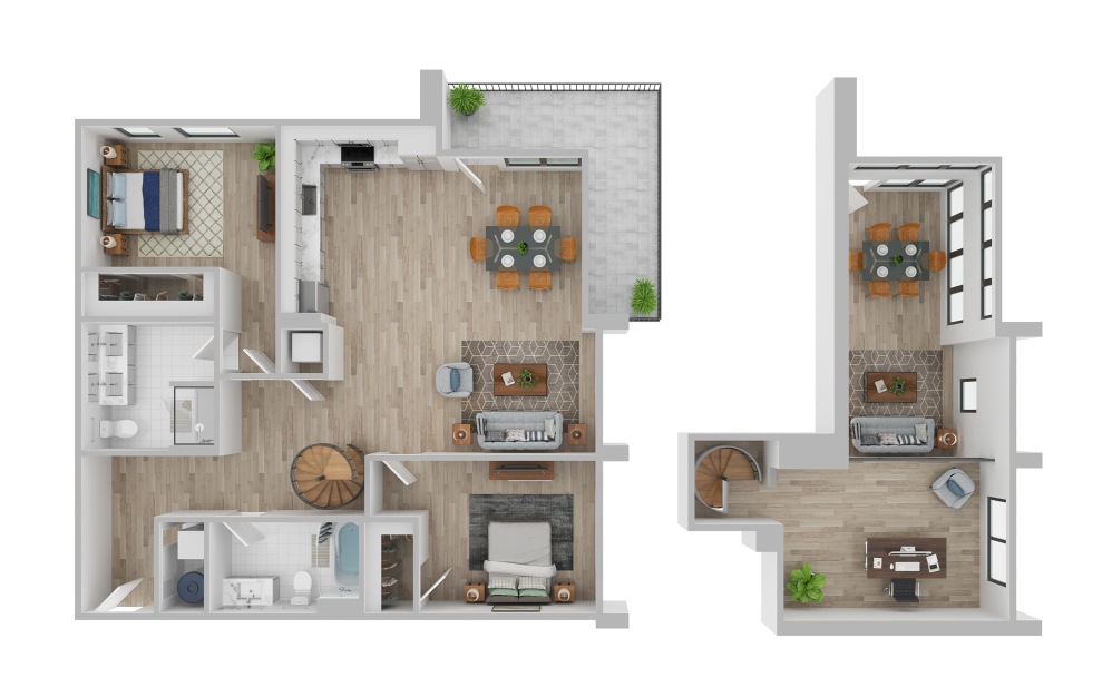 TWO-BEDROOM LOFT - 2 bedroom floorplan layout with 2 bathrooms and 1246 - 1373 square feet (3D)