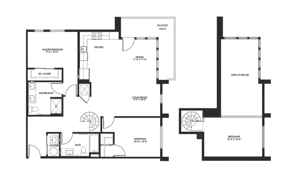 TWO-BEDROOM LOFT - 2 bedroom floorplan layout with 2 bathrooms and 1246 - 1373 square feet (2D)