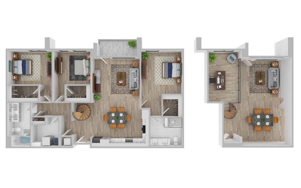 THREE-BEDROOM LOFT - 3 bedroom floorplan layout with 2 bathrooms and 1668 square feet (3D)