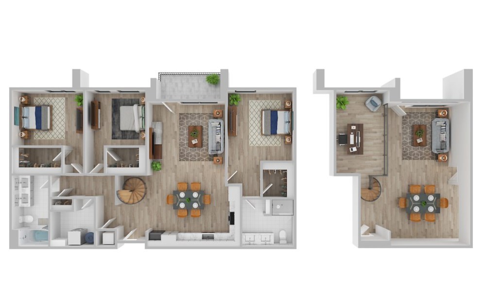 THREE-BEDROOM LOFT - 3 bedroom floorplan layout with 2 bathrooms and 1668 square feet (3D)